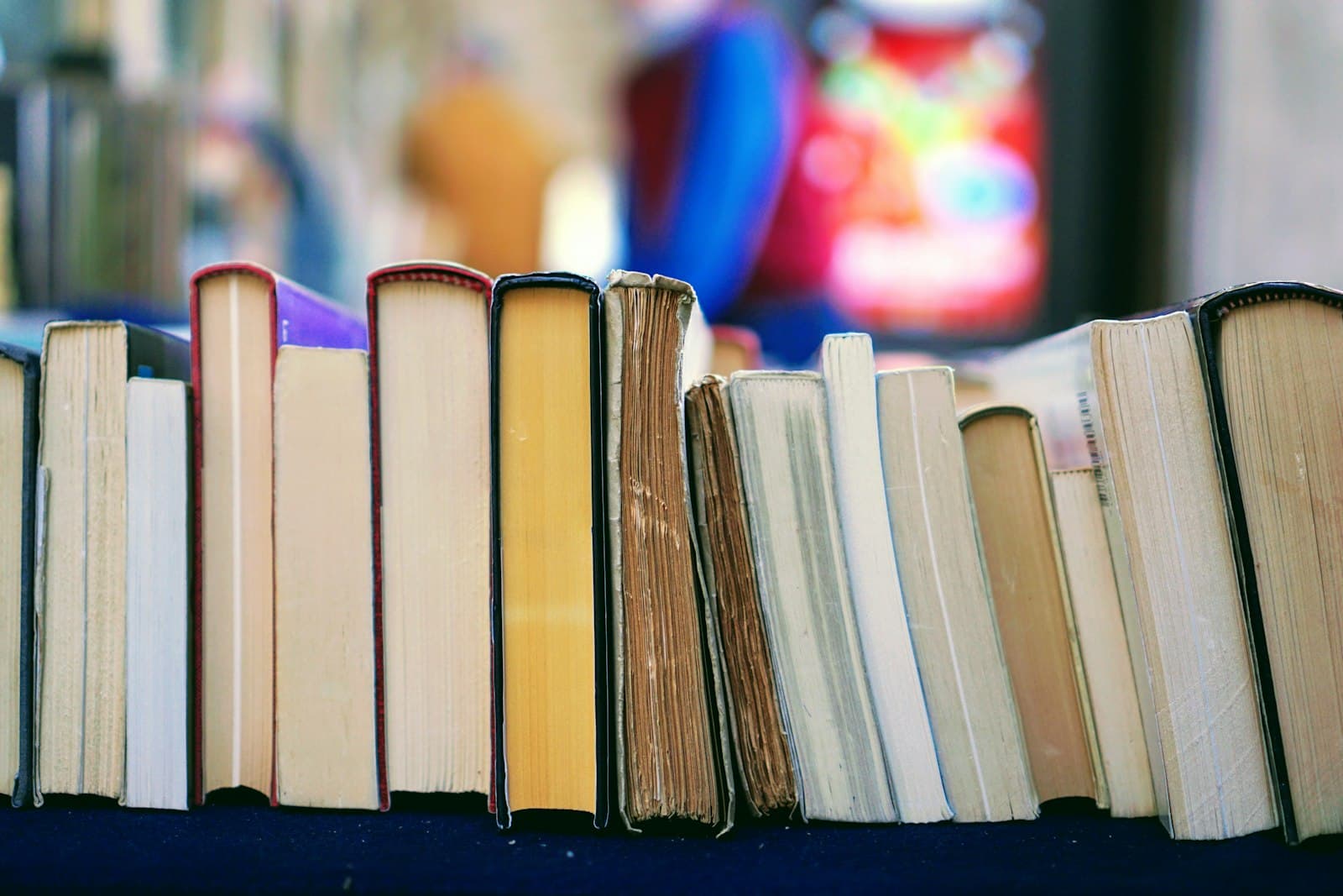 A row of cloth-bound books photographed in warm light